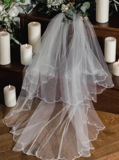 Linzi Jay Two Tier Veils | Fingertip Veils*Beaded Scalloped Edge Veil with Crystal Drops | LA941 Ivory