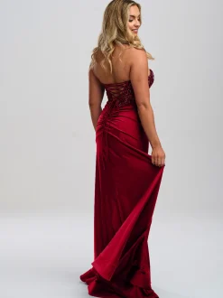 Linzi Jay Linzi Jay Prom Dresses | Red Prom Dresses*Burgundy Strapless Beaded Corset Prom Dress with Slit