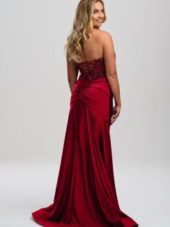 Linzi Jay Linzi Jay Prom Dresses | Red Prom Dresses*Burgundy Strapless Beaded Corset Prom Dress with Slit