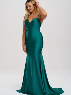 Linzi Jay Linzi Jay Prom Dresses | Teal Prom Dresses*Cowl Neck Backless Stretch Satin Prom Dress with Train