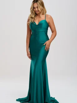Linzi Jay Linzi Jay Prom Dresses | Teal Prom Dresses*Cowl Neck Backless Stretch Satin Prom Dress with Train