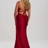 Linzi Jay Linzi Jay Prom Dresses*Crossover Back Ruched Stretch Satin Prom Dress with Train