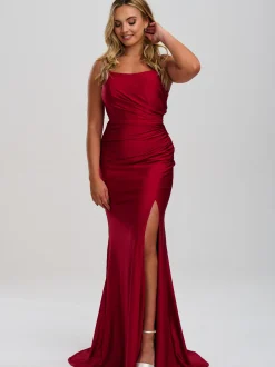 Linzi Jay Linzi Jay Prom Dresses*Crossover Back Ruched Stretch Satin Prom Dress with Train