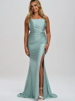 Linzi Jay Linzi Jay Prom Dresses | Green Prom Dresses*Crossover Back Ruched Stretch Satin Prom Dress with Slit