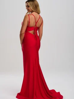 Linzi Jay Linzi Jay Prom Dresses | Red Prom Dresses*Gathered Front Tie Back Mermaid Prom Dress with Train
