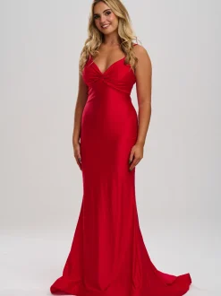Linzi Jay Linzi Jay Prom Dresses | Red Prom Dresses*Gathered Front Tie Back Mermaid Prom Dress with Train