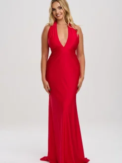 Linzi Jay Linzi Jay Prom Dresses | Red Prom Dresses*Halter Neck Stretch Satin Prom Dress with Train