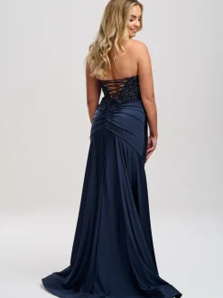 Linzi Jay Linzi Jay Prom Dresses | Navy Prom Dresses*Navy Strapless Beaded Corset Prom Dress with Slit