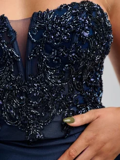 Linzi Jay Linzi Jay Prom Dresses | Navy Prom Dresses*Navy Strapless Beaded Corset Prom Dress with Slit