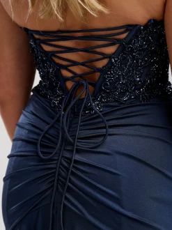 Linzi Jay Linzi Jay Prom Dresses | Navy Prom Dresses*Navy Strapless Beaded Corset Prom Dress with Slit