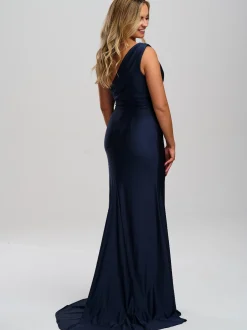 Linzi Jay Linzi Jay Prom Dresses | Navy Prom Dresses*One Shoulder Stretch Satin Prom Dress with Slit and Train