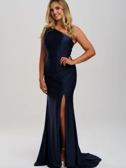 Linzi Jay Linzi Jay Prom Dresses | Navy Prom Dresses*One Shoulder Stretch Satin Prom Dress with Slit and Train