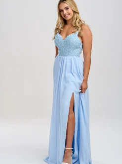 Linzi Jay Linzi Jay Prom Dresses | Light Blue Prom Dresses*Pale Blue Beaded A Line Chiffon Prom Dress with Slit