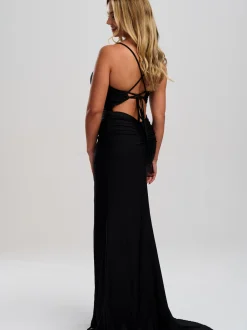 Linzi Jay Linzi Jay Prom Dresses | Black Prom Dresses*Ruched Tie Back Stretch Satin Prom Dress with Slit