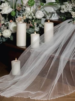 Linzi Jay Fingertip Veils | Elbow Length Veils*Single Tier Veil with Pearl and Beaded Edge LA959 Ivory
