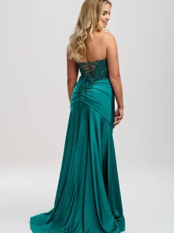 Linzi Jay Linzi Jay Prom Dresses | Teal Prom Dresses*Teal Strapless Beaded Corset Prom Dress with Slit