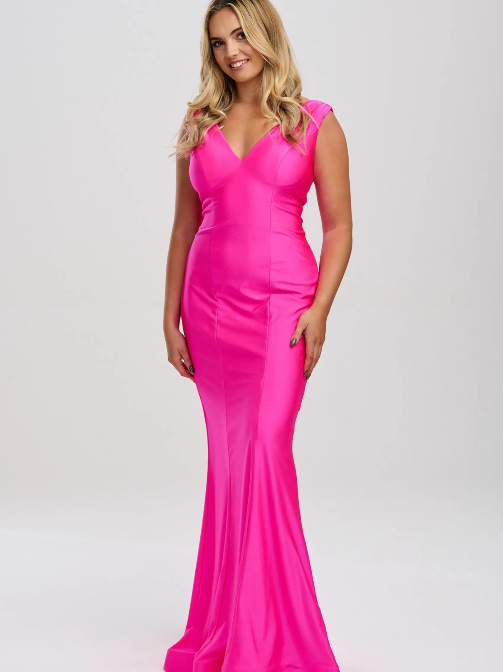 Linzi Jay Linzi Jay Prom Dresses | Pink Prom Dresses*V Neck Satin Jersey Fitted Prom Dress