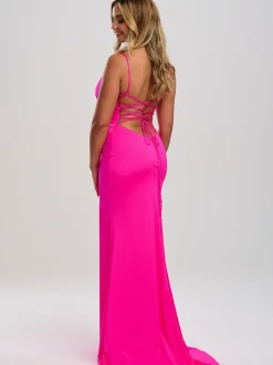 Linzi Jay Linzi Jay Prom Dresses | Pink Prom Dresses*V Neck Stretch Satin Corset Prom Dress with Train