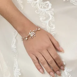 Lace & Favour Pearl Jewellery | Rose Gold Wedding Jewellery*Lola Freshwater Pearl and Crystal Leaves Wedding Bracelet (Rose Gold) Ivory/ Rose Gold