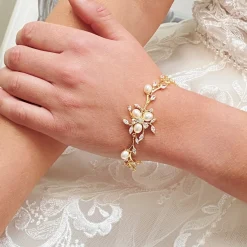 Lace & Favour Pearl Jewellery | Gold Wedding Jewellery*Lola Freshwater Pearl and Crystal Leaves Wedding Bracelet (Gold) Ivory/ Gold