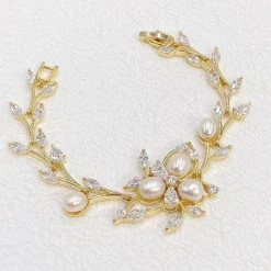 Lace & Favour Pearl Jewellery | Gold Wedding Jewellery*Lola Freshwater Pearl and Crystal Leaves Wedding Bracelet (Gold) Ivory/ Gold