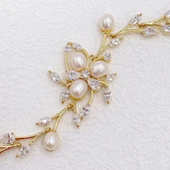 Lace & Favour Pearl Jewellery | Gold Wedding Jewellery*Lola Freshwater Pearl and Crystal Leaves Wedding Bracelet (Gold) Ivory/ Gold