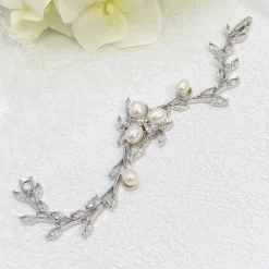 Lace & Favour Bride Gifts | Pearl Jewellery*Lola Freshwater Pearl and Crystal Leaves Wedding Bracelet (Silver)