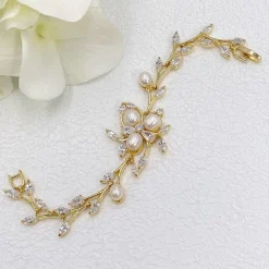Lace & Favour Pearl Jewellery | Gold Wedding Jewellery*Lola Freshwater Pearl and Crystal Leaves Wedding Bracelet (Gold) Ivory/ Gold