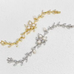 Lace & Favour Pearl Jewellery | Gold Wedding Jewellery*Lola Freshwater Pearl and Crystal Leaves Wedding Bracelet (Gold) Ivory/ Gold