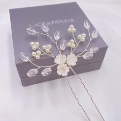 Lace & Favour Pearl Hair Accessories | Silver Hair Accessories*Lottie Floral Pearl and Crystal Hair Pin Ivory/ Silver
