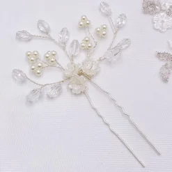 Lace & Favour Pearl Hair Accessories | Silver Hair Accessories*Lottie Floral Pearl and Crystal Hair Pin Ivory/ Silver