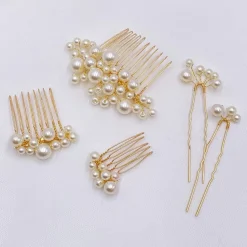 Lace & Favour Pearl Hair Accessories | Gold Hair Accessories*Macie Set of 5 Gold Mini Combs and Pins Ivory/ Gold