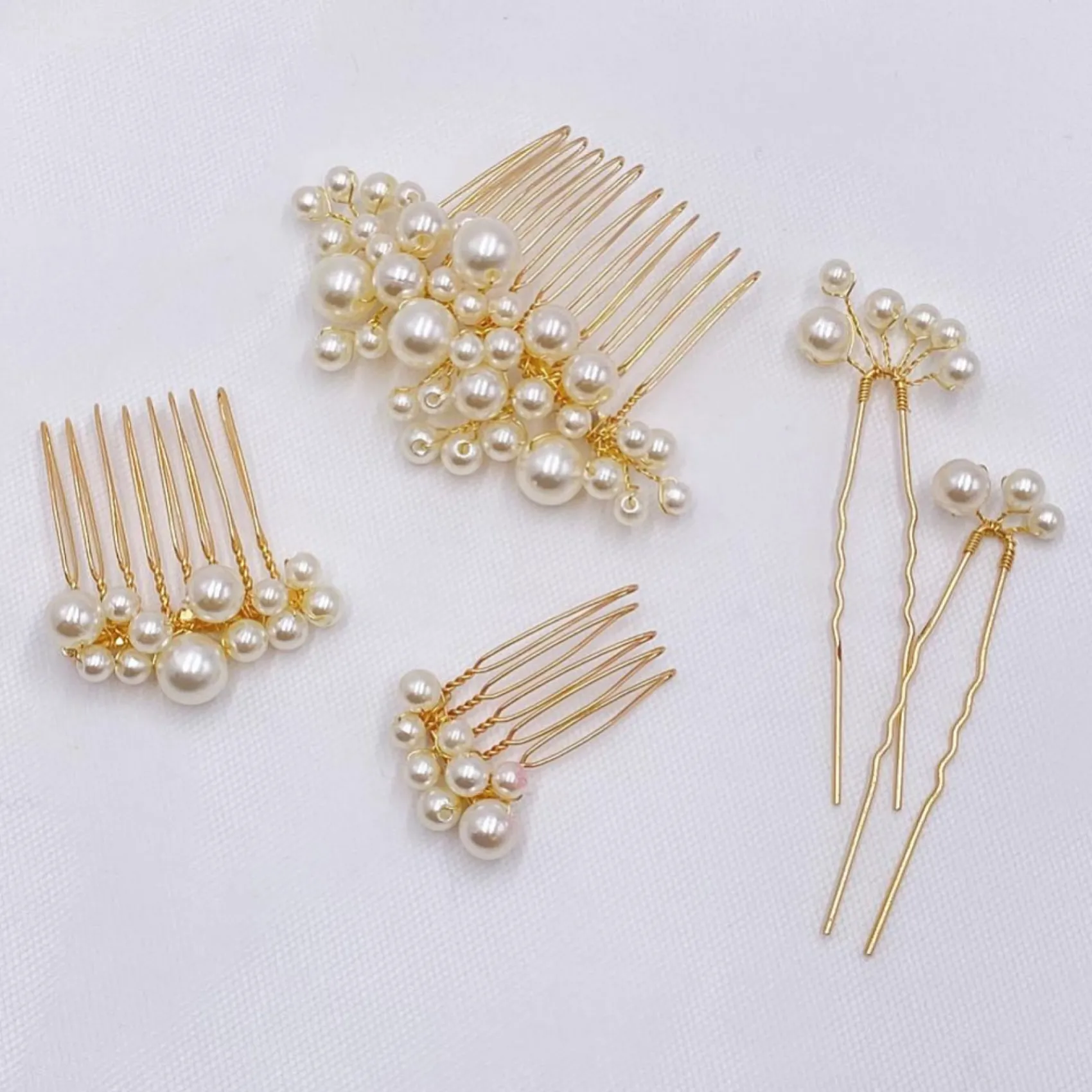 Lace & Favour Pearl Hair Accessories | Gold Hair Accessories*Macie Set of 5 Gold Mini Combs and Pins Ivory/ Gold