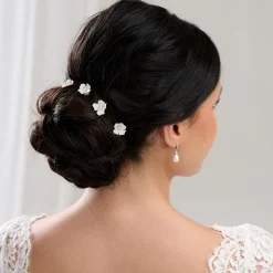 Lace & Favour Pearl Hair Accessories | Silver Hair Accessories*Mae Set of 3 Ivory Dainty Ceramic Flower Hair Pins Ivory/ Silver