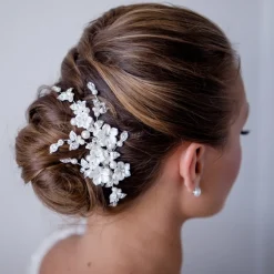 Twilight Designs Pearl Hair Accessories | Silver Hair Accessories*Magnolia Porcelain Flowers and Crystal Leaves Wedding Hair Clip Ivory/Silver