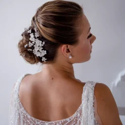 Twilight Designs Pearl Hair Accessories | Silver Hair Accessories*Magnolia Porcelain Flowers and Crystal Leaves Wedding Hair Clip Ivory/Silver