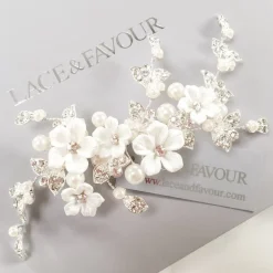 Twilight Designs Pearl Hair Accessories | Silver Hair Accessories*Magnolia Porcelain Flowers and Crystal Leaves Wedding Hair Clip Ivory/Silver