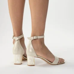 Freya Rose Wedding Guest Shoes | Mother Of The Bride Shoes*Martene Midi Suede Mother of Pearl Block Heel Sandals Champagne
