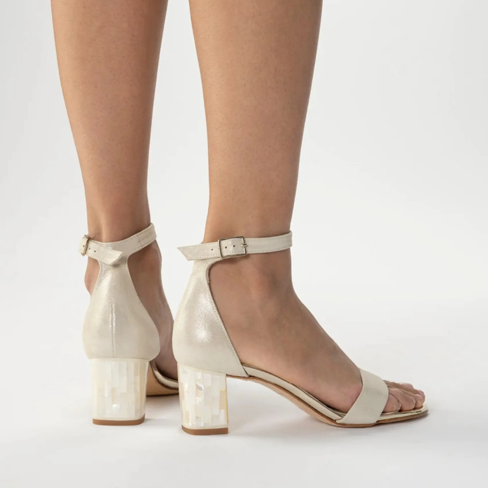 Freya Rose Wedding Guest Shoes | Mother Of The Bride Shoes*Martene Midi Suede Mother of Pearl Block Heel Sandals Champagne