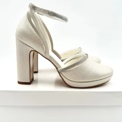 Avalia Shoes Sparkly Prom Shoes | Gold Prom Shoes*Mary Champagne Shimmer and Diamante Block Heel Ankle Strap Shoes Champagne Gold
