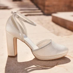 Avalia Shoes Sparkly Prom Shoes | Gold Prom Shoes*Mary Champagne Shimmer and Diamante Block Heel Ankle Strap Shoes Champagne Gold