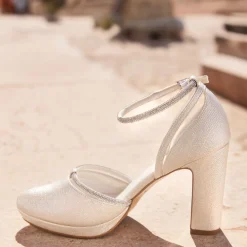 Avalia Shoes Sparkly Prom Shoes | Gold Prom Shoes*Mary Champagne Shimmer and Diamante Block Heel Ankle Strap Shoes Champagne Gold