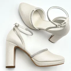 Avalia Shoes Sparkly Prom Shoes | Gold Prom Shoes*Mary Champagne Shimmer and Diamante Block Heel Ankle Strap Shoes Champagne Gold