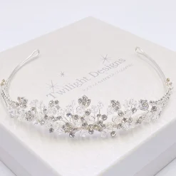 Twilight Designs Prom Headbands & Tiaras | Crystal Hair Accessories*Matilda Diamante Leaves and Crystal Wedding Tiara Silver
