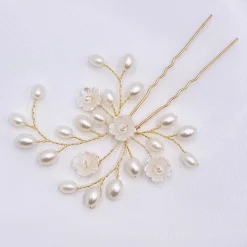 Lace & Favour Pearl Hair Accessories | Gold Hair Accessories*Mimi Gold Floral Pearl Wedding Hair Pin Ivory/ Gold
