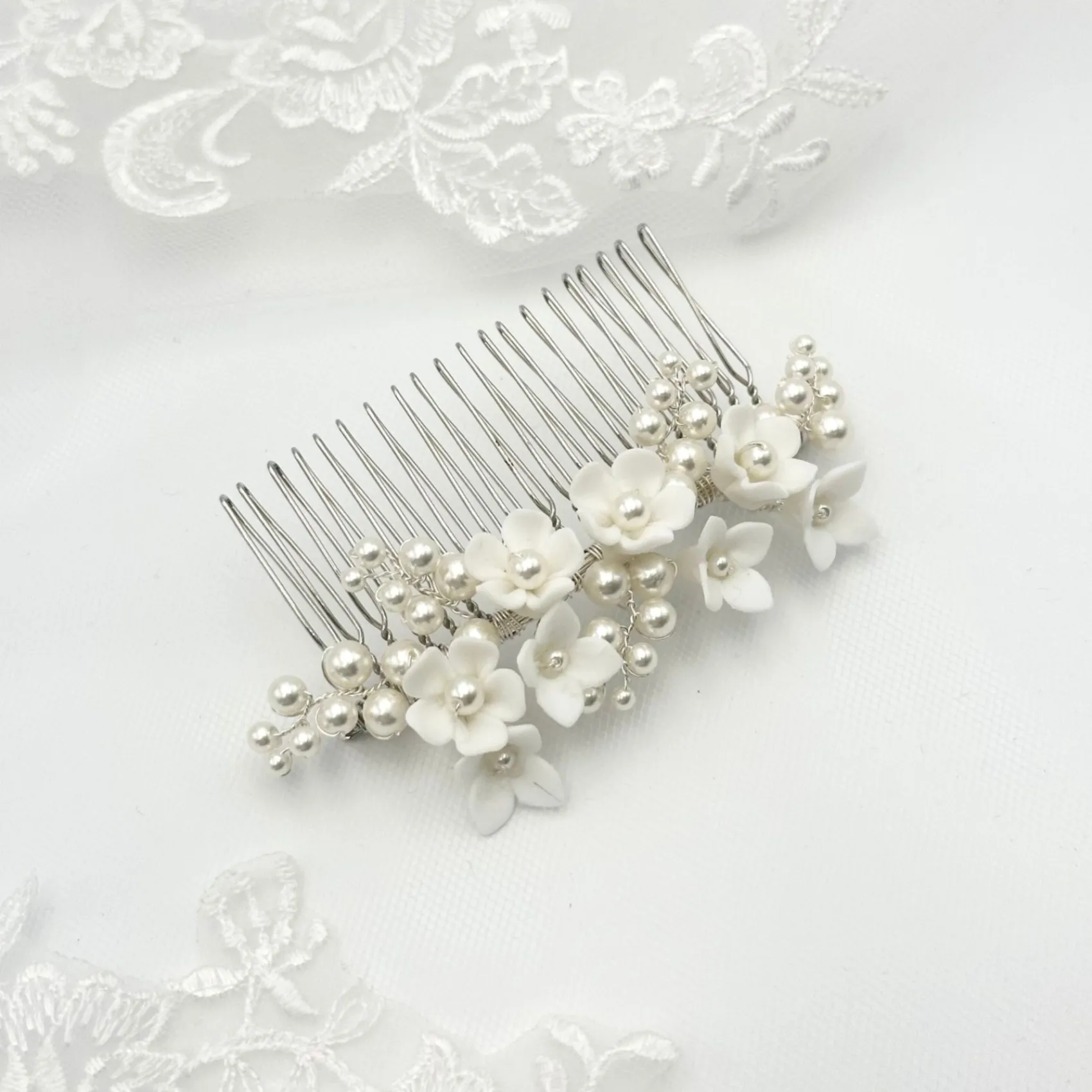 Beads & Beyond Pearl Hair Accessories | Silver Hair Accessories*Mirabelle Ivory Ceramic Flower and Pearl Wedding Hair Comb Ivory/ Silver