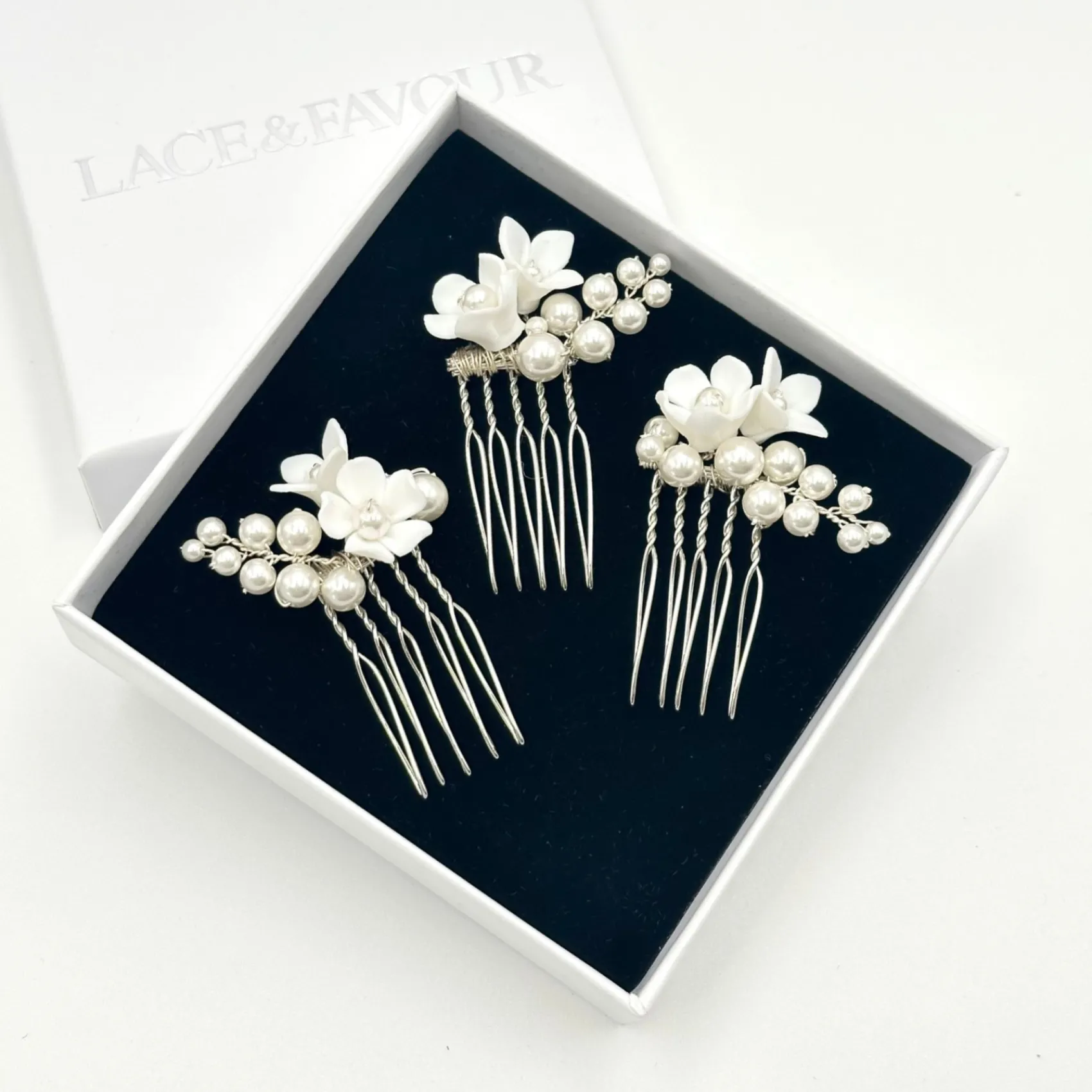 Beads & Beyond Pearl Hair Accessories | Silver Hair Accessories*Mirabelle Set of 3 Ivory Ceramic Flower and Pearl Mini Hair Combs Ivory/ Silver