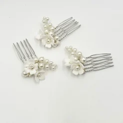Beads & Beyond Pearl Hair Accessories | Silver Hair Accessories*Mirabelle Set of 3 Ivory Ceramic Flower and Pearl Mini Hair Combs Ivory/ Silver