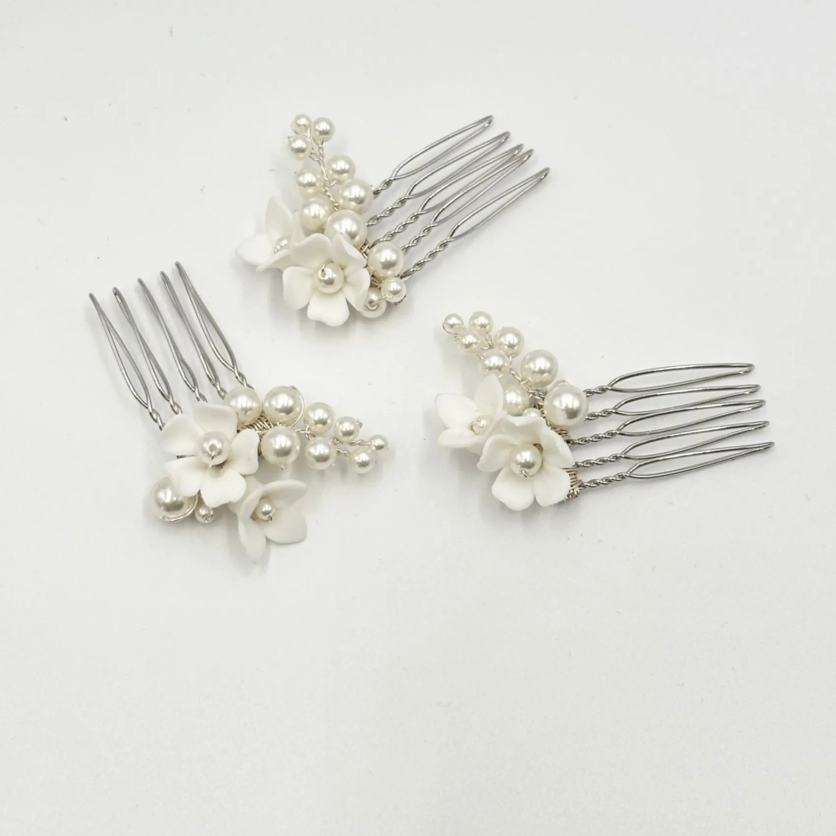 Beads & Beyond Pearl Hair Accessories | Silver Hair Accessories*Mirabelle Set of 3 Ivory Ceramic Flower and Pearl Mini Hair Combs Ivory/ Silver