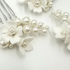 Beads & Beyond Pearl Hair Accessories | Silver Hair Accessories*Mirabelle Set of 3 Ivory Ceramic Flower and Pearl Mini Hair Combs Ivory/ Silver